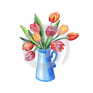 Bouquet of tulips in a vase. Watercolor illustration isolated on a white background.