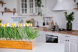 A bouquet of tulips on a white table. In the background, the interior of a white kitchen in the Scandinavian style. The