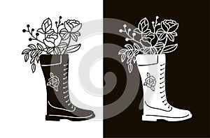 A bouquet of twigs and flowers in a boot. Stencil for cutting, burning or foiling