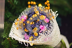 Bouquet of various flowers for greetings with a composition of lavender, poppy flowers