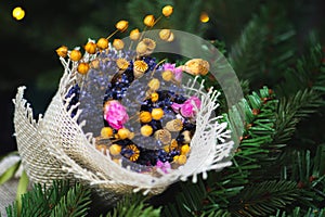 Bouquet of various flowers for greetings with a composition of lavender, poppy flowers