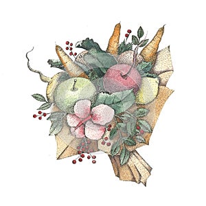 Bouquet of vegetables watercolor and pointillism, seedbed, kaleyard photo