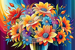 Bouquet of Vibrant Abstract Flowers Centered with Swirling Patterns and Color Gradients in the Background