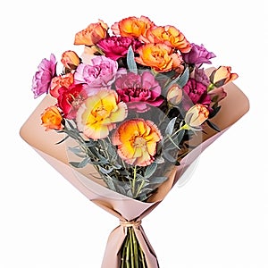 Vibrant Bouquet Of Roses And Orange Carnations In White Paper photo