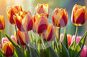 Bouquet of Vibrant Tulips Embracing the Foreground - Soft Pastel Background Contrasting the Sharpness