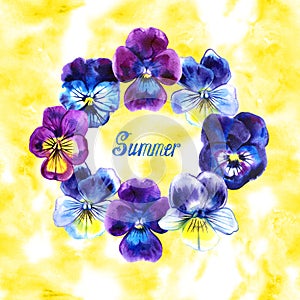Bouquet of violas watercolor. Pansy violet flower frame on yellow background