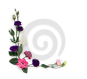 Bouquet of violet, white, pink and red flowers Eustoma  Texas bluebells, bluebell, lisianthus, prairie gentian  and pink rose on