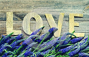 Bouquet of violet wild summer flowers and the message on love from bright letters.