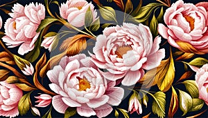 Bouquet of vivid colorful flowers. Oil painting light pink peonies close-up.