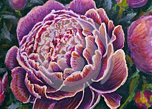 Bouquet of vivid colorful flowers. Oil painting light pink peonies flowers close-up.