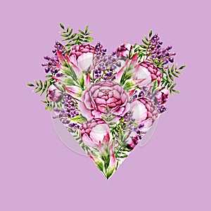 Bouquet of watercolor peonies, sprigs and berries in a heart shape. Template with hand painted flowers and leaves