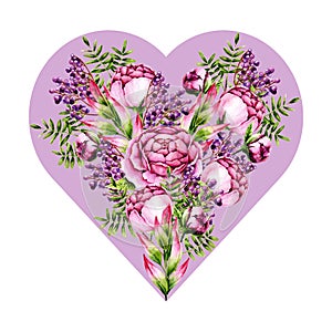 Bouquet of watercolor peonies, sprigs and berries in a heart shape. Template with hand painted flowers and leaves