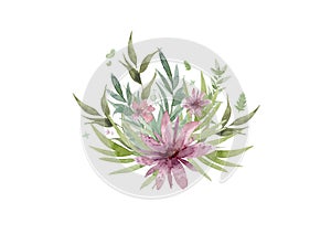 Bouquet watercolor red flowers and green leaves. Design frolar banner isolated on white background