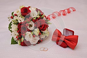 Bouquet, wedding, love, engagement ring, engagement, romance, happiness, faithfulness, roses, bouquet, butterfly, red, bride, groo