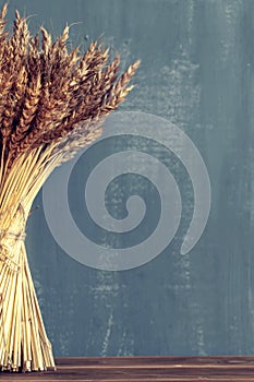 A bouquet of wheat ears on black background with copy space. Concept for cafe menu