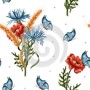 A bouquet of wheat, poppies and cornflower. Seamless watercolor pattern with red poppy flowers and ears of wheat