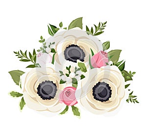 Bouquet of white anemone flowers and pink rosebuds. Vector illustration.