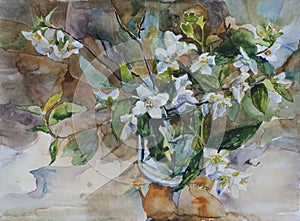 Bouquet of white blossom jasmine in a glass watercolor painting