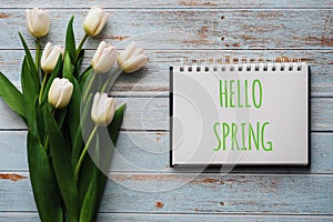 Bouquet of white flowers of tulips on the background of blue boards with a notebook with lettering Hello Spring