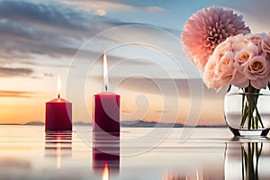 Bouquet of white flowers in a vase, candles on vintage copper tray, wedding home decor on a table