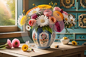 Bouquet of white flowers in a vase, candles on vintage copper tray, wedding home decor on a table