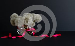 a bouquet of white fluffy dandelions in a glass vase with a red satin ribbon on a dark background.