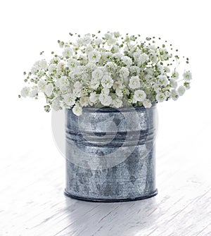 Bouquet of white gypsophila on wooden background photo