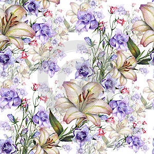 Bouquet white lily with blue bell flowers pattern seamless