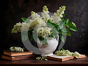 A bouquet of white lush lilacs in a ceramic vase