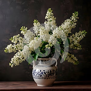 A bouquet of white lush lilacs in a ceramic vase on a table