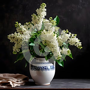 A bouquet of white lush lilacs in a ceramic vase on a table