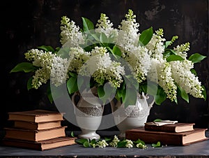 A bouquet of white lush lilacs in a ceramic vase
