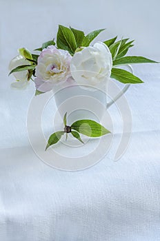 Bouquet of white peonies in vase on background of linen tablecloth.