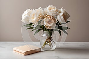 Bouquet of white peonies in a vase next to a gift box.