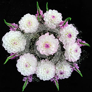 Bouquet of white, pink dahlia and gypsophila isolated on black background