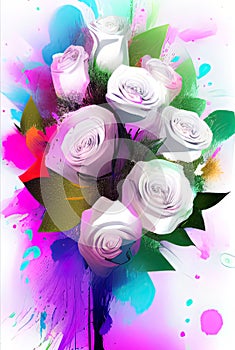 Bouquet of white roses on a background of bright multi-colored spots