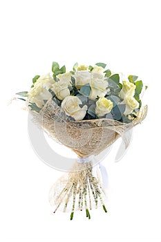 Bouquet of white roses and eucalyptus