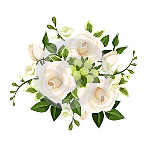 Bouquet of white roses and freesia flowers. Vector illustration.