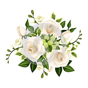 Bouquet of white roses and freesia flowers. Vector illustration. photo