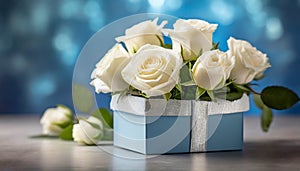 Bouquet of white roses in gift box on a blue background. Wedding, Anniversary, Mother\'s Day flowers