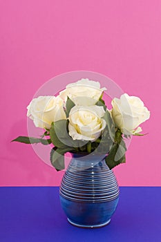 Bouquet white roses on pink and blue