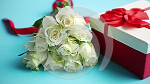 Bouquet of white roses with red bow on blue background. Boxed gift on side