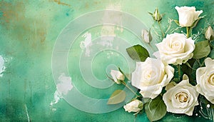 a bouquet of white roses with a turquoise background