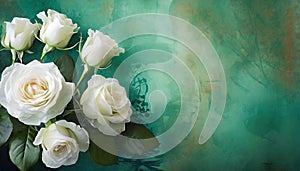 a bouquet of white roses with a turquoise background