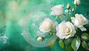 a bouquet of white roses with a turquoise background