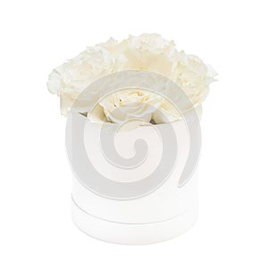 Bouquet of white roses in the white box isolated on white background