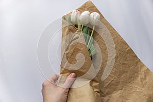 Bouquet of white tulip flowers is wrapped by the girl`s hand in craft paper