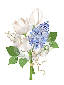 Bouquet of white tulips, blue lilac flowers and lily of the valley. Vector illustration.