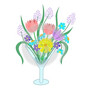 Bouquet of wild flowers in a glass. Hand drawn vector illustration of a congratulatory bouquet of flowers in a vase