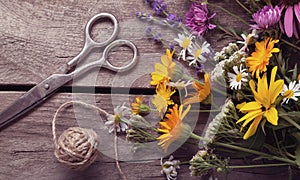 Bouquet of wild flowers scissors vintage board